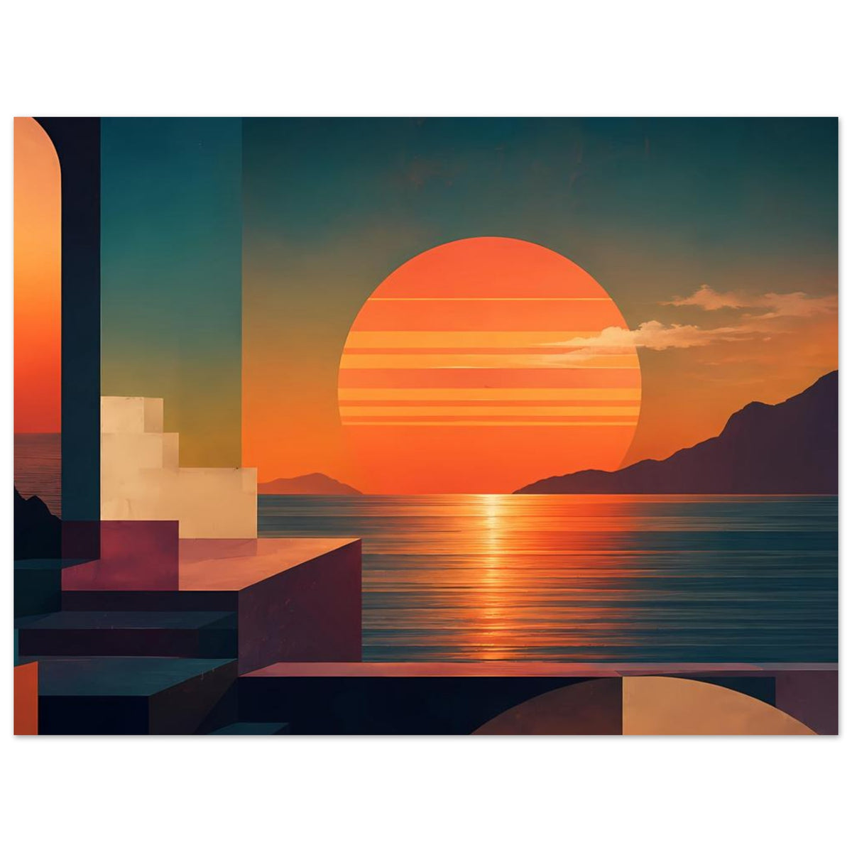 Küstenlandschafts-Poster mit orangefarbenem Sonnenkreis, Spiegelungen auf dem Wasser und Quadern.