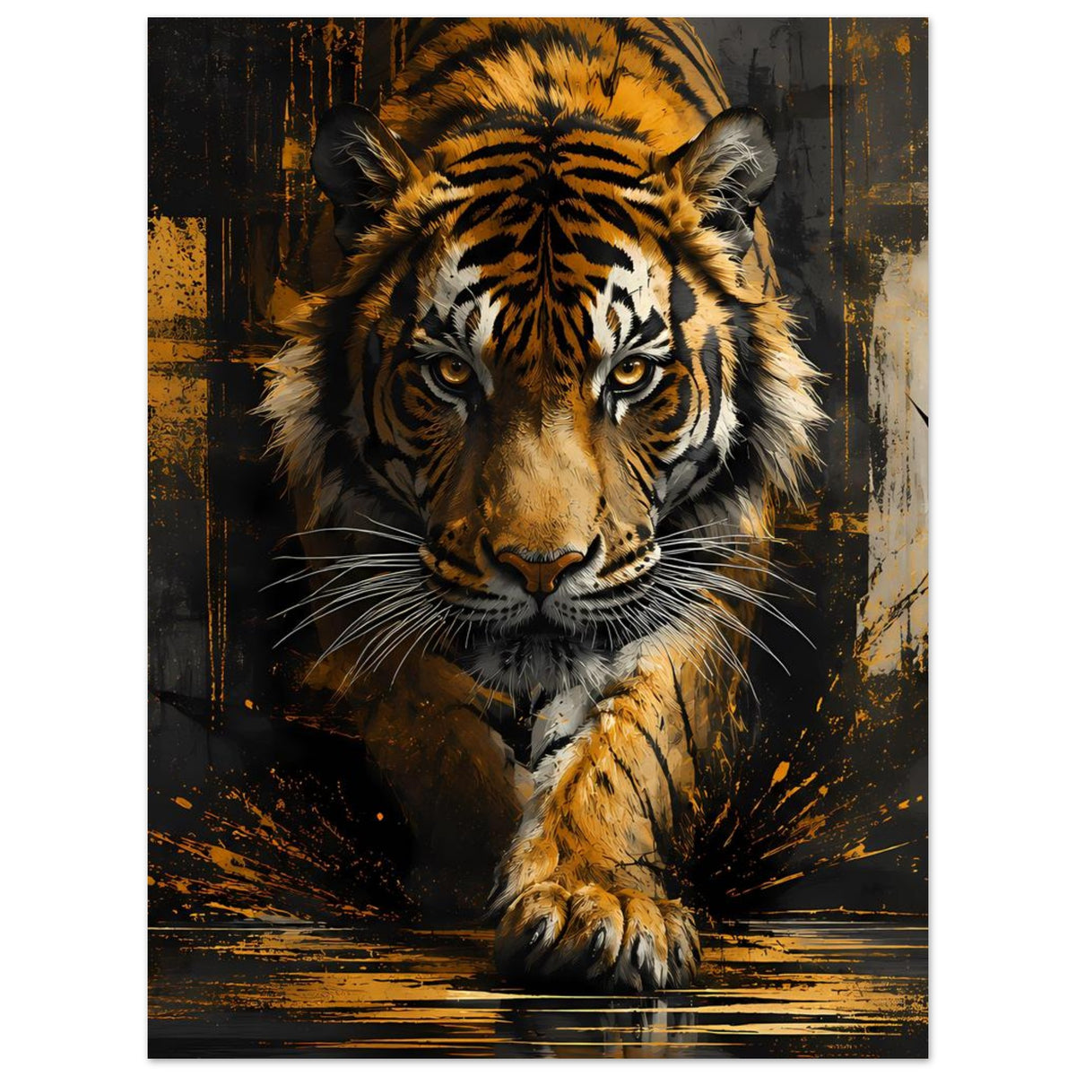Poster mit goldbraunem Tigerkopf, scharfer Blickansicht und Pfotenmotiv