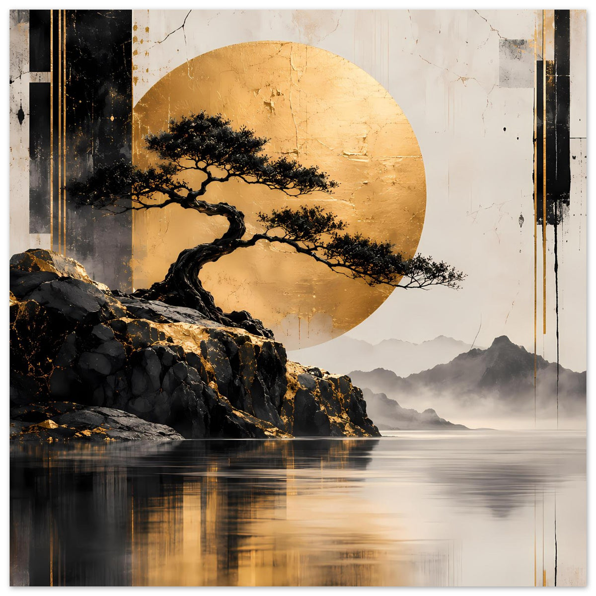 Poster mit goldener Mondscheibe, schwarzem Baum, Felsenküste und Spiegelung im Wasser