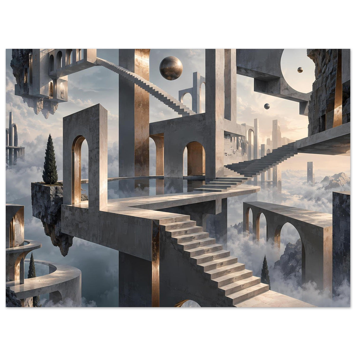 Architekturposter mit schwebender Treppe, goldenen Rundbögen und Steinbögen