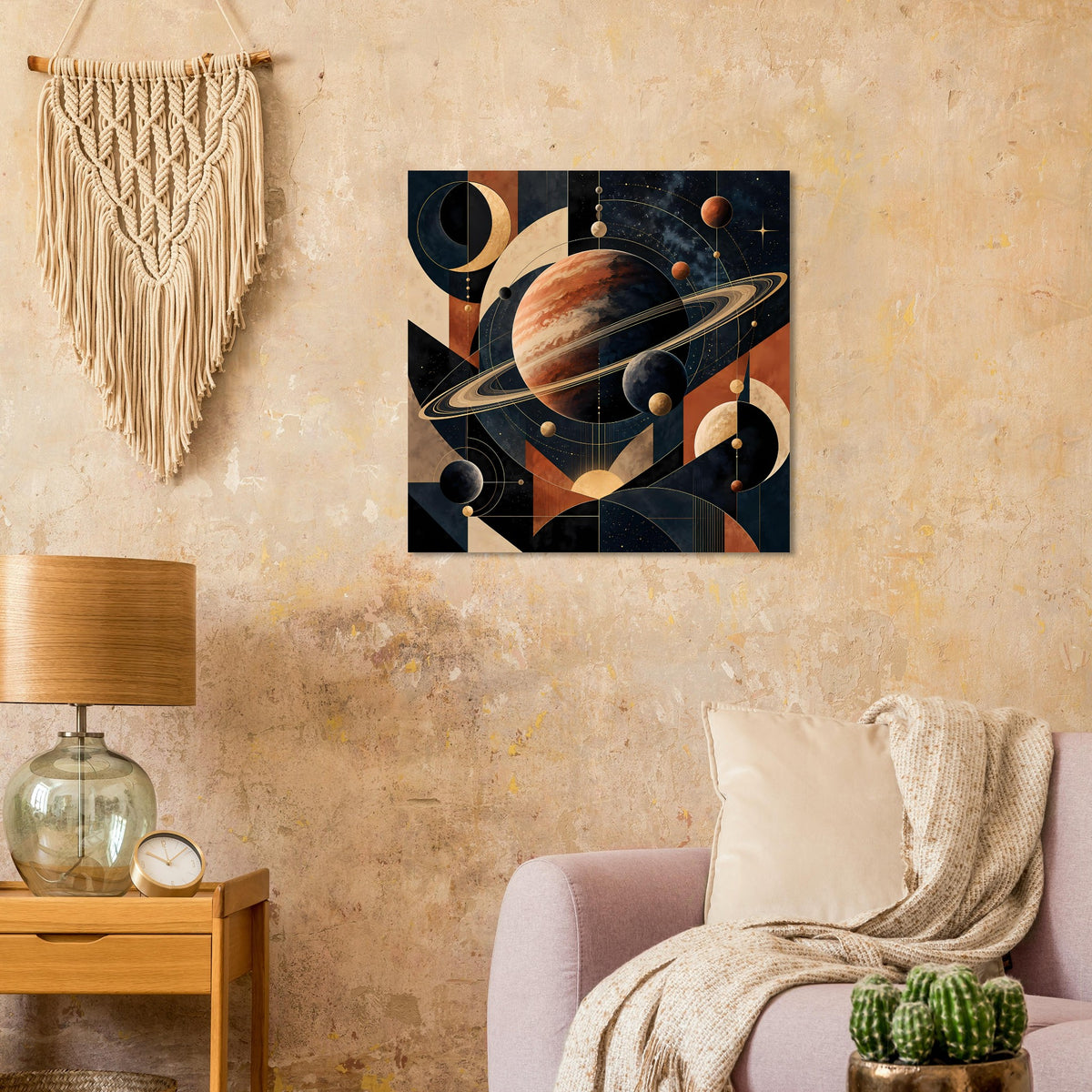 Wandposter mit kosmischer Grafik: Planet mit Ringen, Kreise und Bahnen in warmen Erdtönen