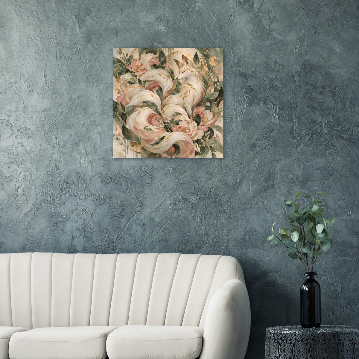 Poster mit mystischem Fuchsmotiv in Rosé-, Grün- und Goldtönen