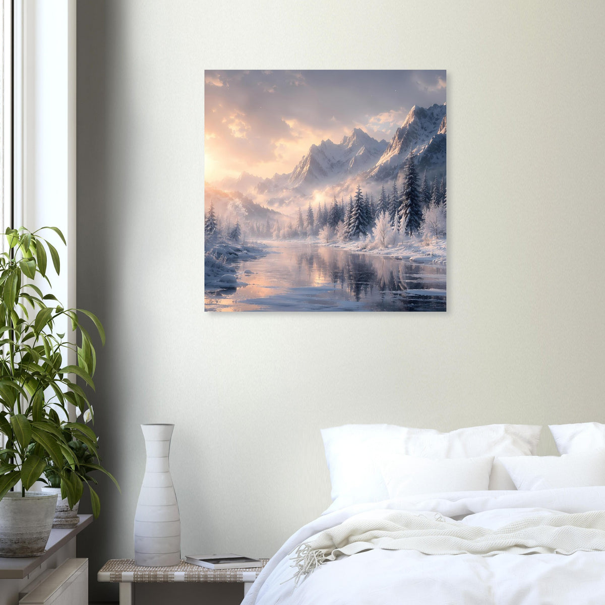 Quadratisches Poster mit Winterlandschaft: verschneite Bäume und Berge mit Lichtstimmung am Morgen