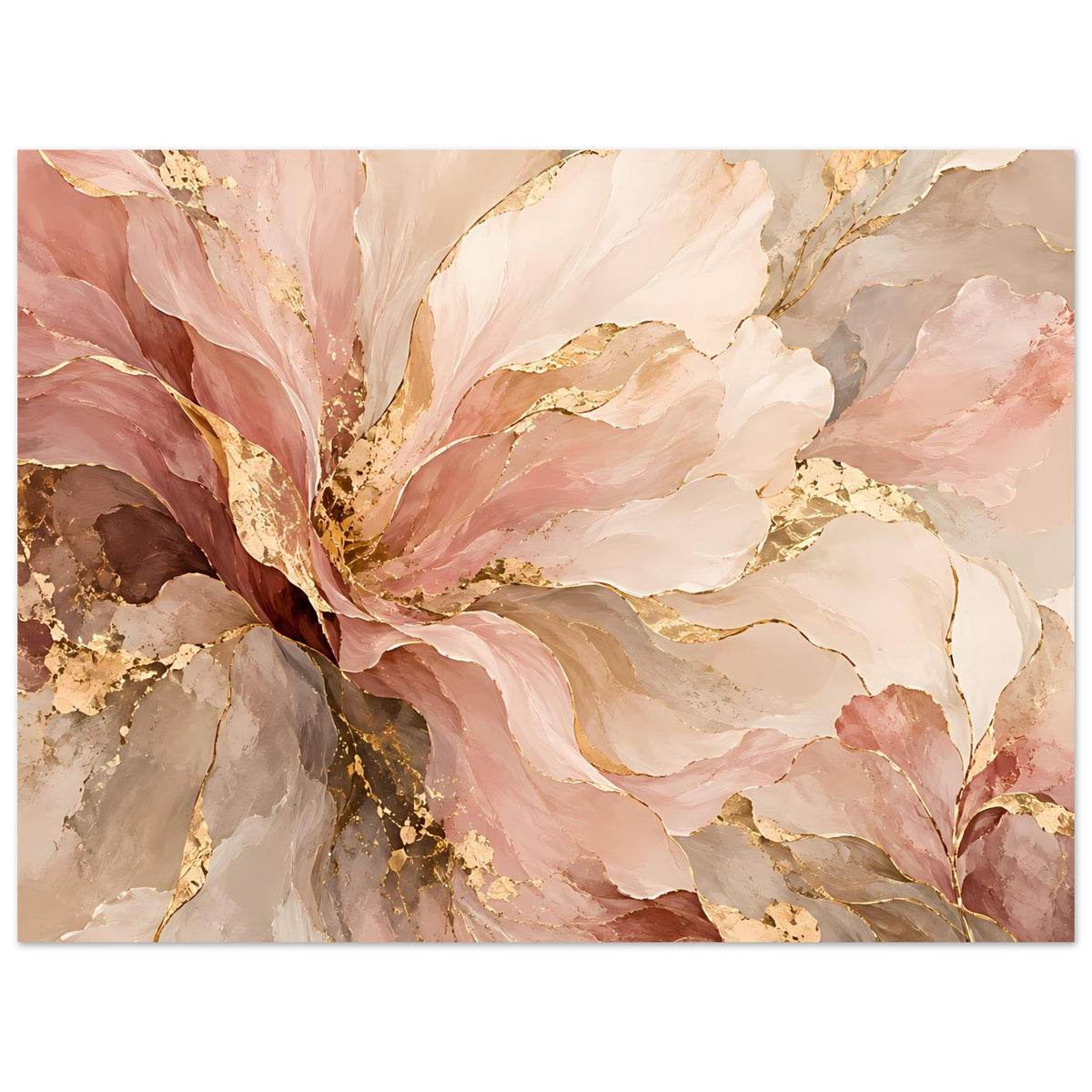Abstraktes Blumenposter mit rosafarbenen Blüten und goldenen Akzenten auf mattem Papier