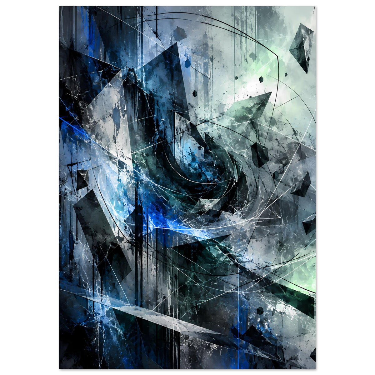 Abstraktes Kunstposter mit Spiral- und Polygonformen in Blau und Grün, vertikal
