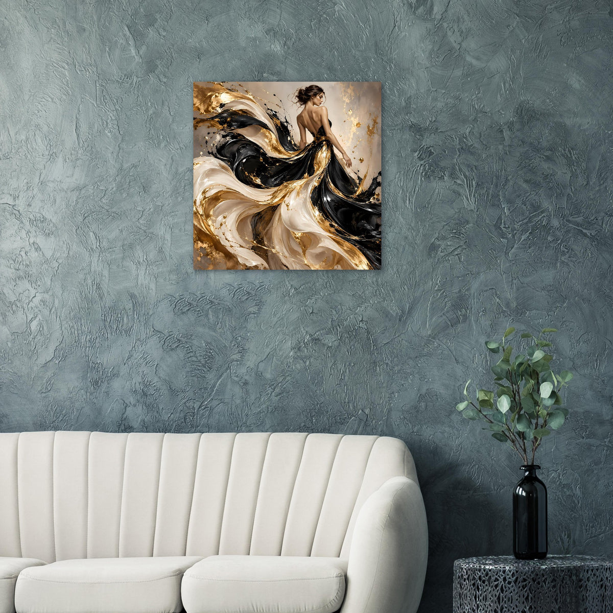 Kunstposter im Rahmen mit abstrakten Wirbeln in Schwarz und Gold, Elfenbein