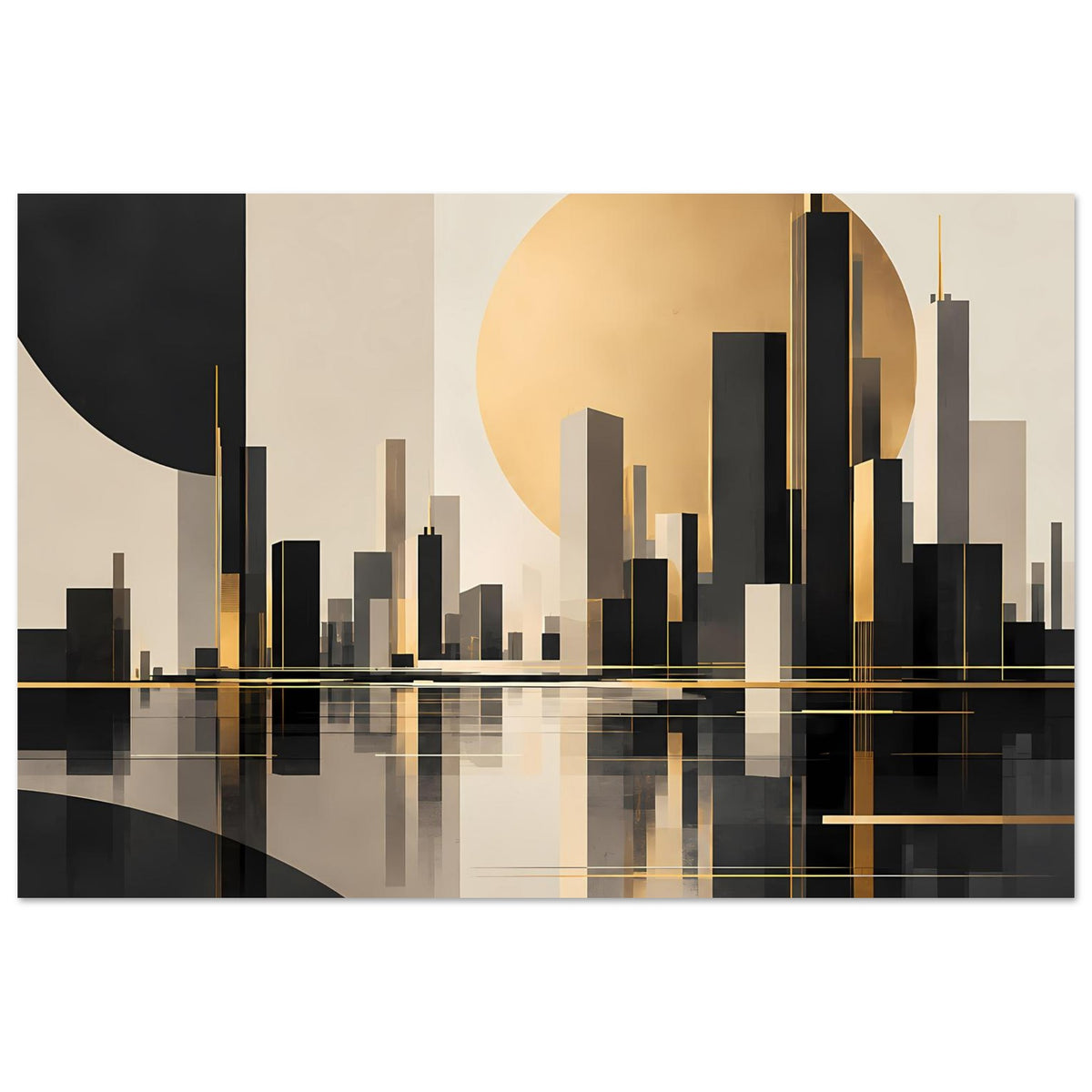 Abstraktes Stadtlandschafts-Poster im Querformat: dunkle Gebäude, goldene Akzente, spiegelnde Fläche