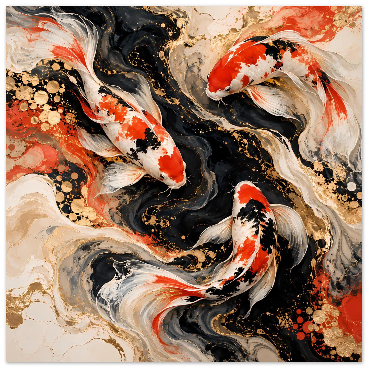 Kunstposter: stilisierte Koi-Fische in Rot, Weiß und Schwarz, mit gold-schimmernden Spritzern