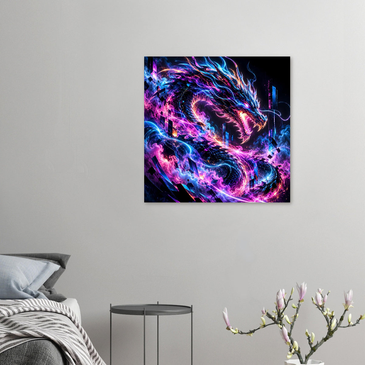 Neon-Cyberdrache-Poster im kleinen Quadratformat mit violetten und blauen Energieflammen