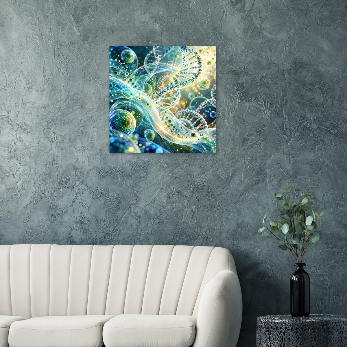 Quadratisches DNA-Doppelhelix-Poster in Blau-Grün mit gelblichen Highlights und Mikromustern