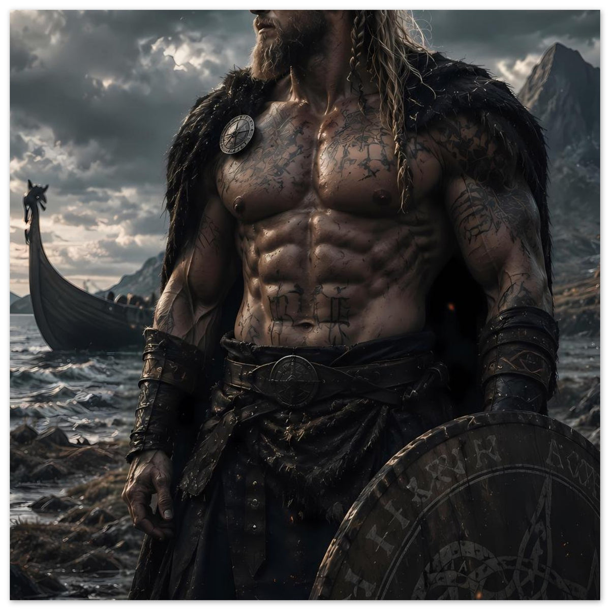 Fantasy-Wikingerkrieger-Poster: muskulöser Wikinger mit Schild, Tattoos und Fellmantel