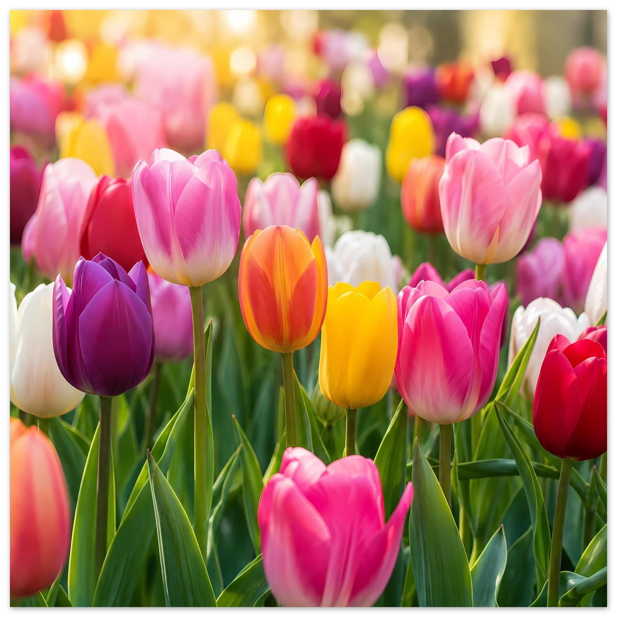 Tulpen-Gartenposter im Querformat mit dichten Tulpenblüten in Rosa- und Gelbtönen