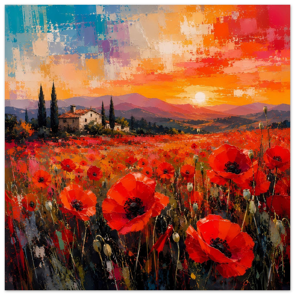 Poster im Querformat: rotes Mohnblumenfeld, Berge und leuchtender Sonnenuntergang