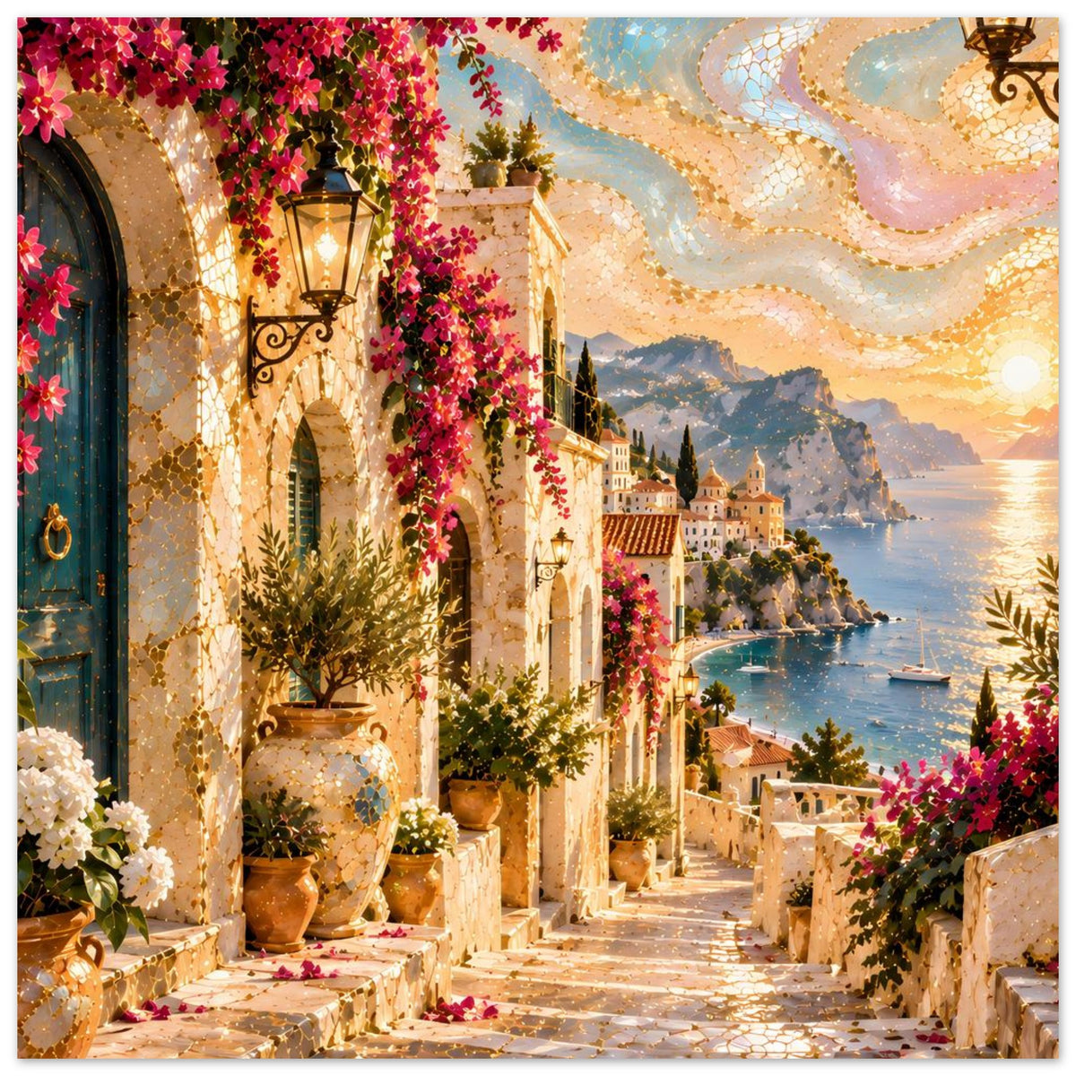 Mediterraner Poster: Treppenweg mit Pflanzkübeln, pinken Blüten, Laternen und See im Abendlicht