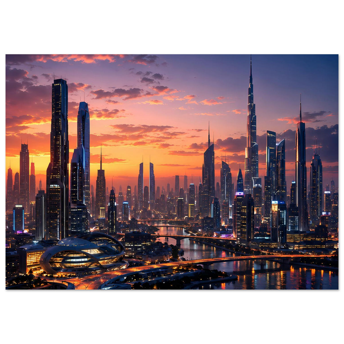 Querformat-Poster mit Skyline im Sonnenuntergang, Fluss mit Lichtern und hoher Turm im Zentrum