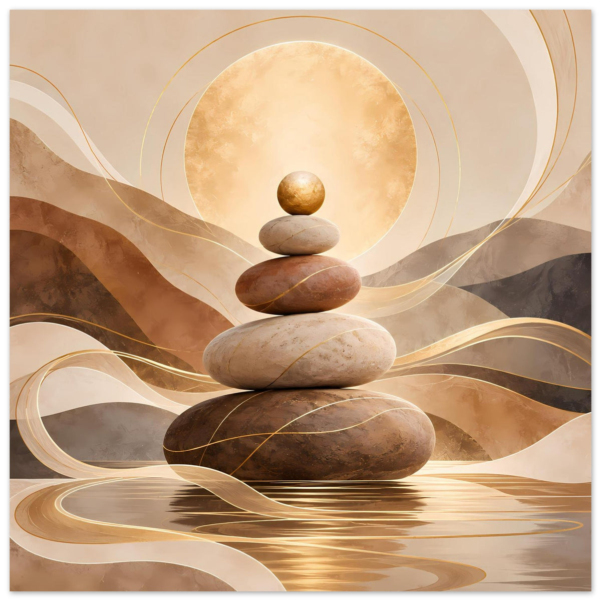 Zen-Gemälde als Poster: vier Steine, goldene Striche, Kreisring und ruhige Wasserreflexion