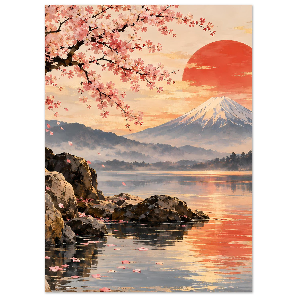 Hochkant-Poster mit Kirschblütenzweig, Berg Fuji, Seeufer mit Felsen und roten Reflexen