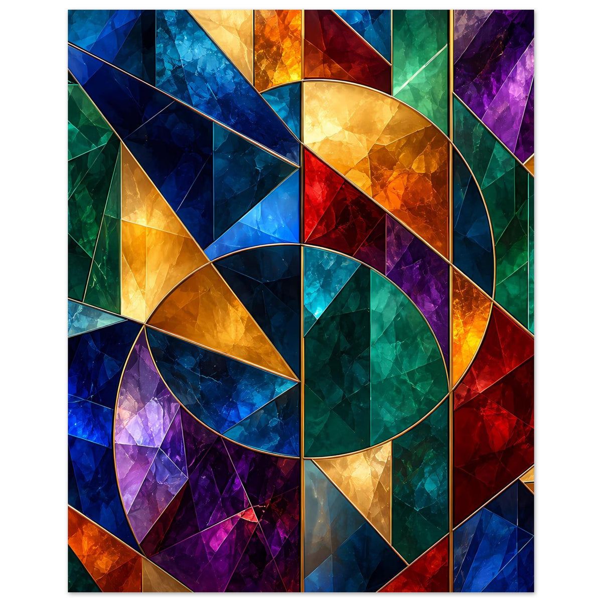 Lebendiges geometrisches Buntglasposter mit großem Kreis und spitzen Dreiecken