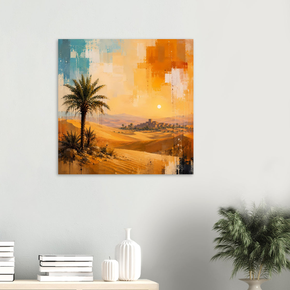 Wandbild-Poster im Rahmen mit Palme, Dünen und abstraktem Himmel in warmen Farben
