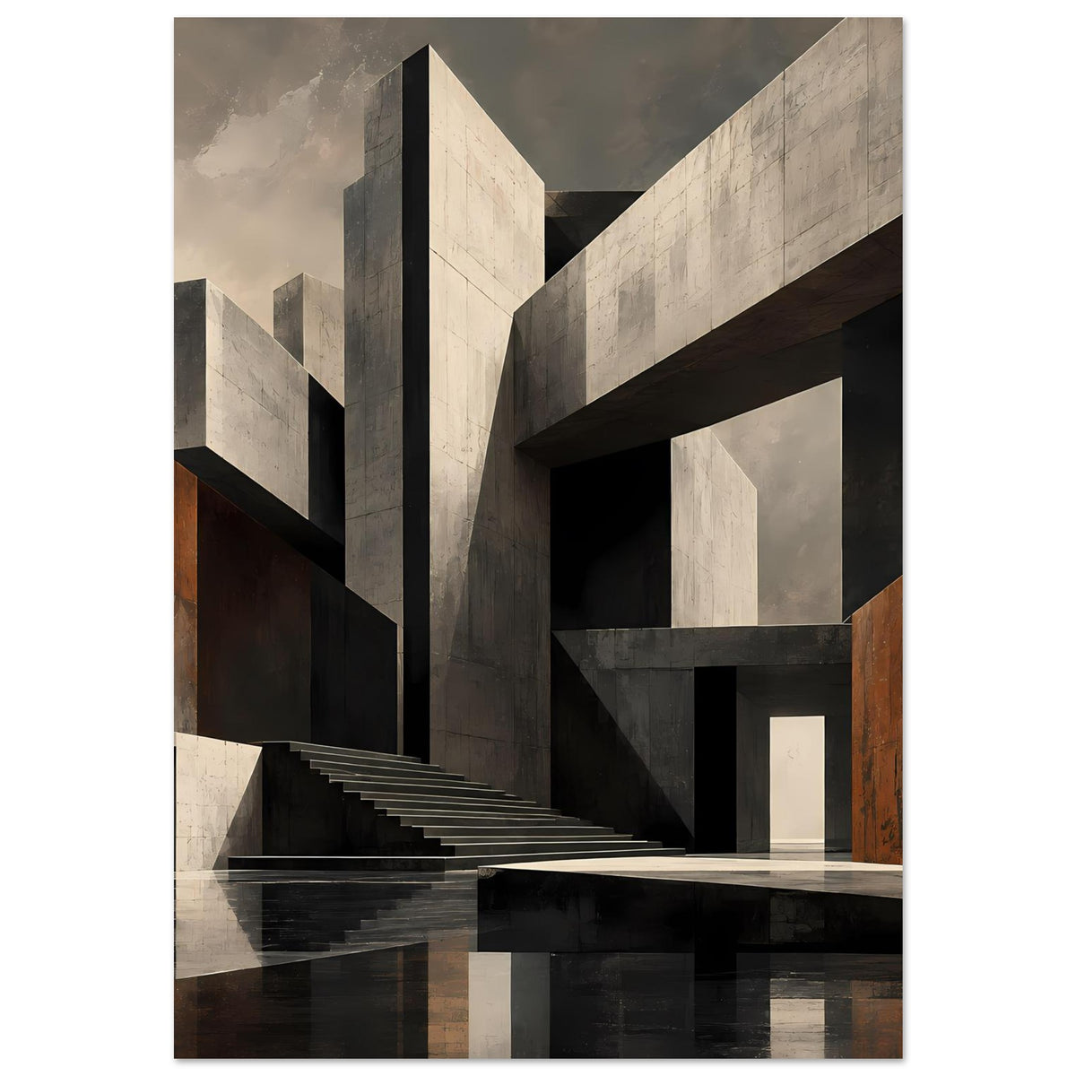 Architektur-Poster mit zentralen Stufen und hohen Blockwänden in neutralen Grautönen, Braun