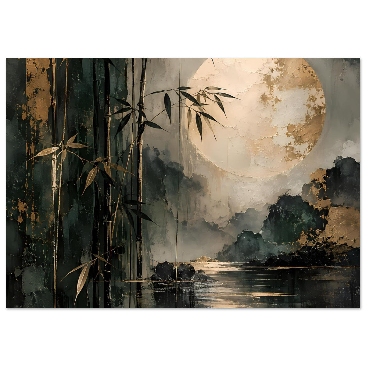 Naturposter mit Bambus am Ufer, Wasserfläche, Vollmond im Hintergrund