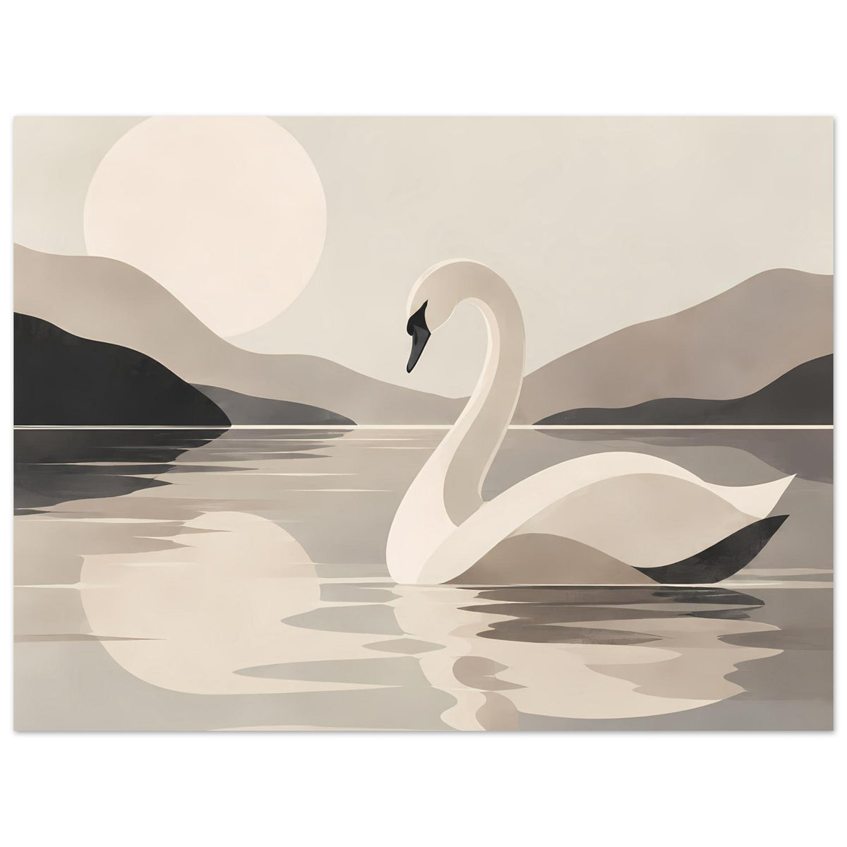 Kunstposter mit weißem Schwan und Spiegelung im Wasser, dunkle Bergsilhouetten und ruhige Linie