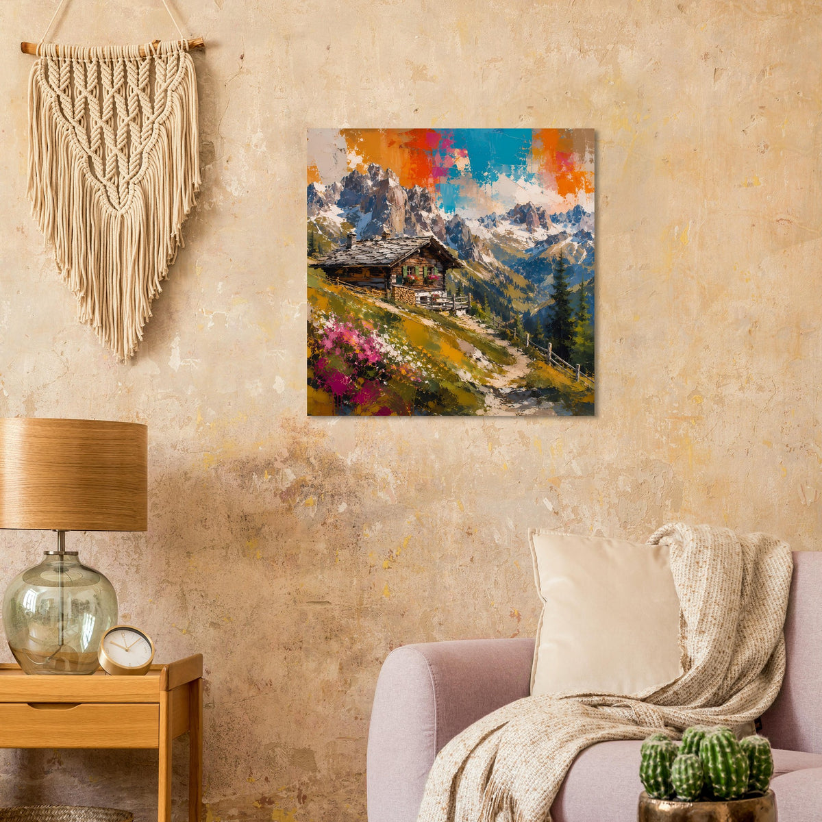 Poster mit Hütte im Gebirge, bunt gesprenkelter Himmel und Blumenhang