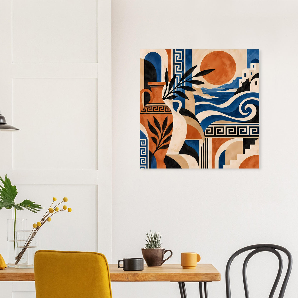Abstrakter quadratischer Kunstdruck: Frau zwischen Säulen, orange Sonne, blaues Wellen- und Felselement