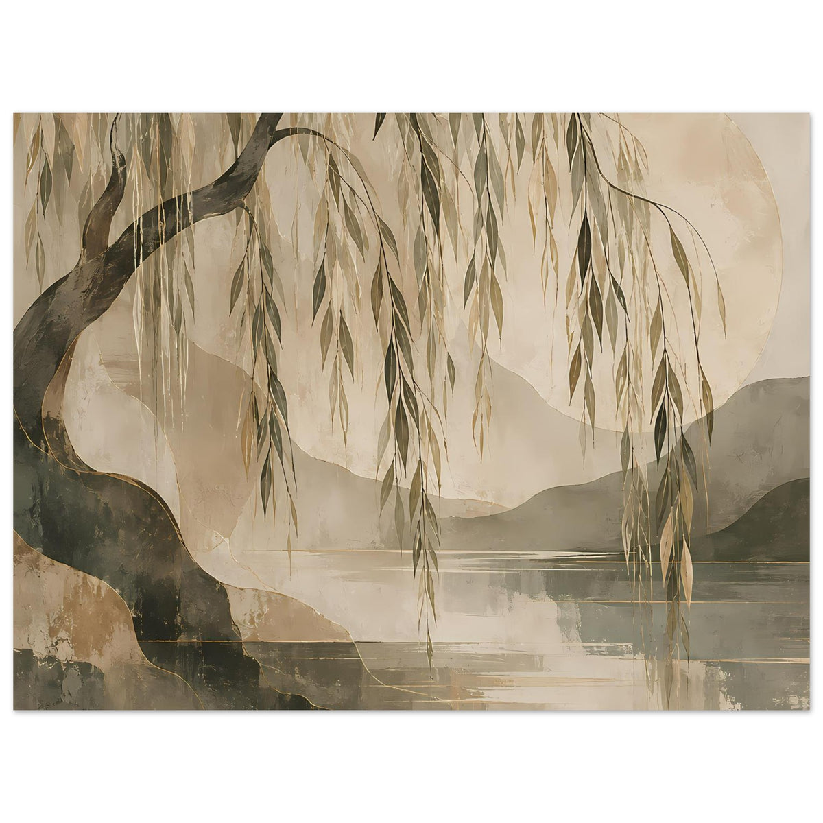 Horizontales Kunstposter mit Willowbaum-Zweig, hängenden Blättern in erdigen Beige- und Grüntönen