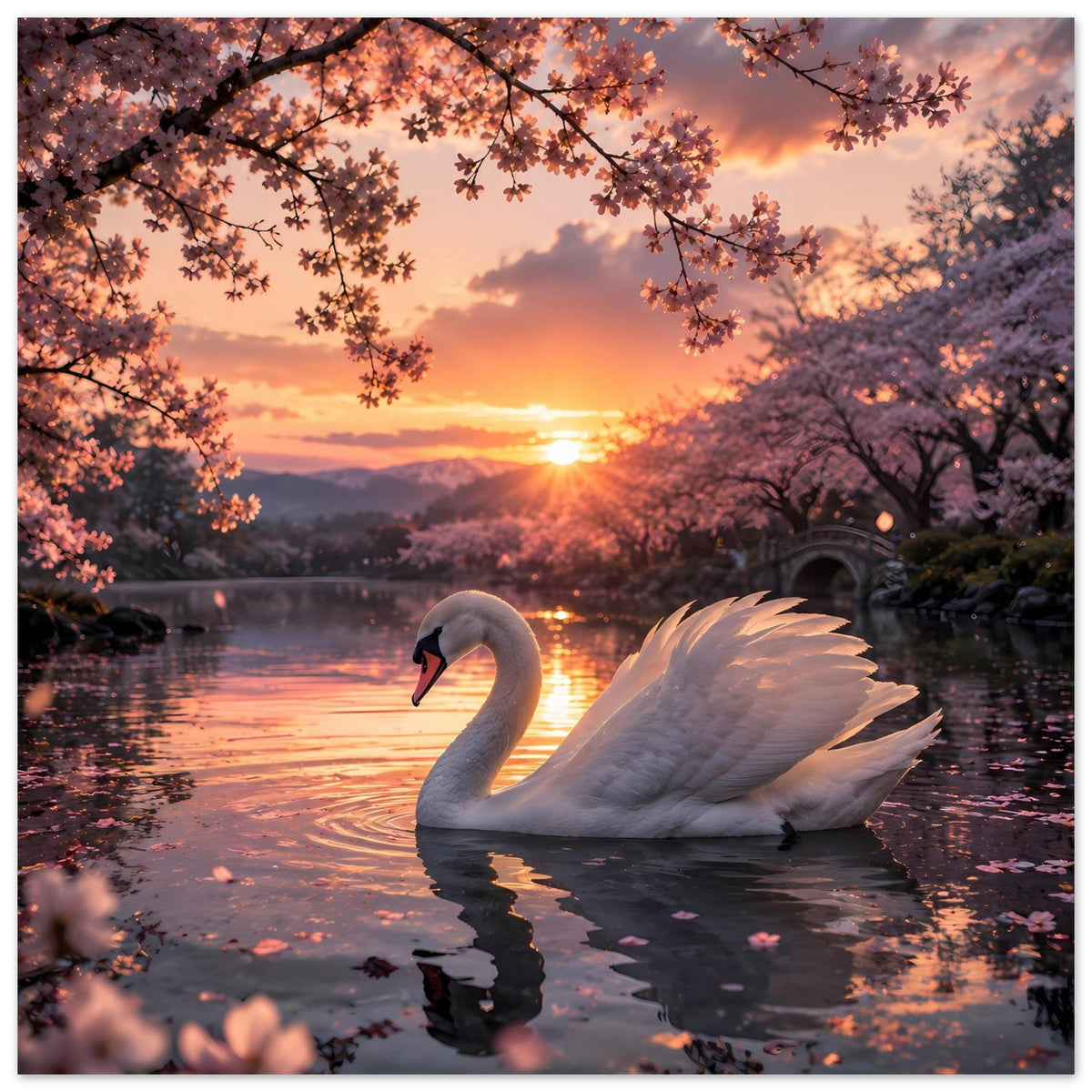Schwan am Wasser mit Kirschblüten über dem See im warmen Sonnenuntergang