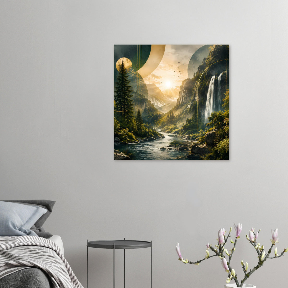 Kleines Landschafts-Poster am Hintergrund: Wasserfall, Fluss, Berge und Sonnenlicht