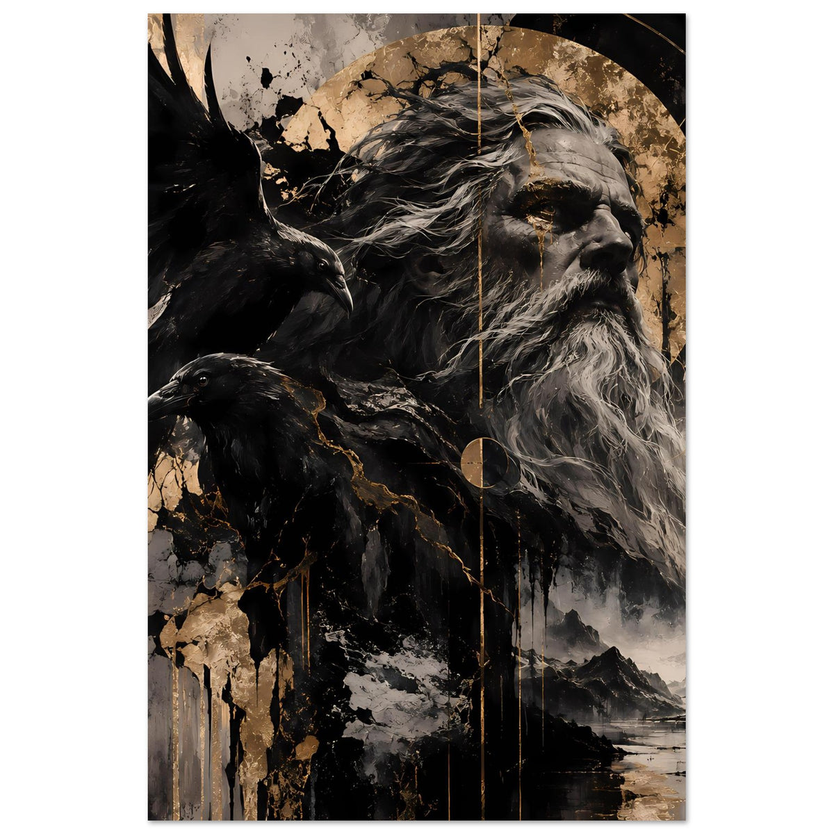 Poster im Hochformat: Odin-Motiv mit schwarzer Krähe, grauem Bart, goldene Kreise und Linien