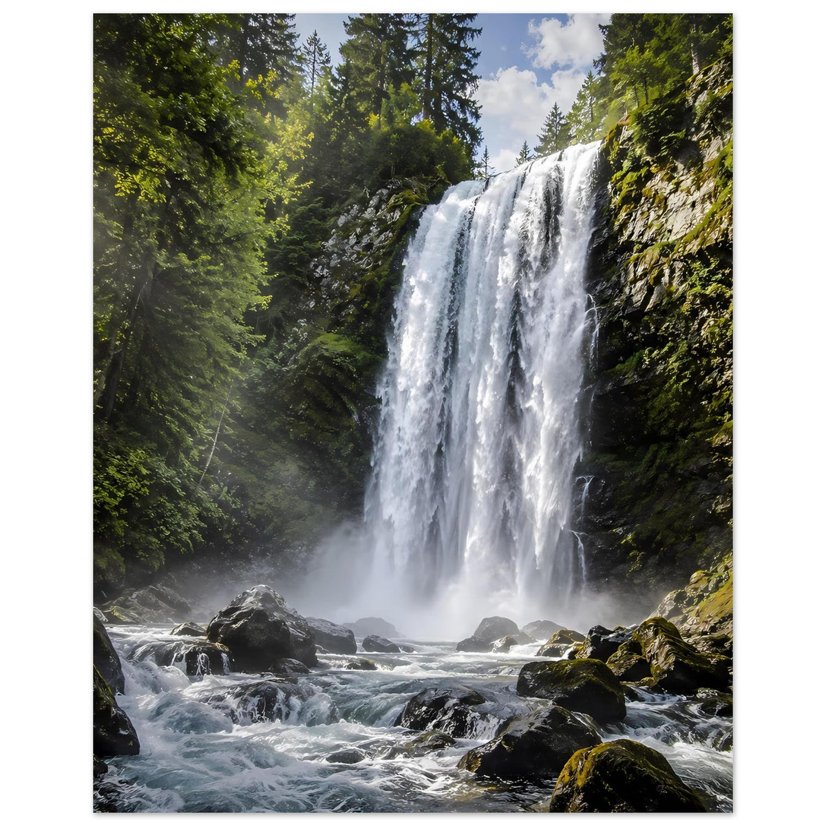 Wasserfall-Premiumposter mit hoher Kaskade über Fels und Nadelbäumen, Hochformat