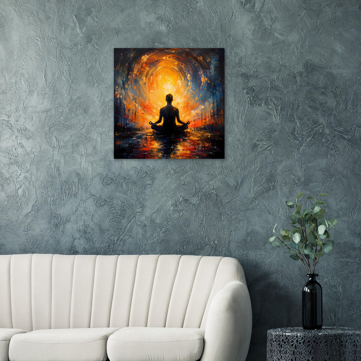Gerahmtes abstraktes Poster mit meditierender Silhouette im orange-blauen Sonnenkreis