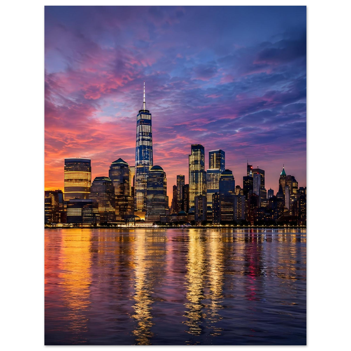 Stadtposter im Hochformat: Skyline und Wolkenhimmel in warmen, kontrastreichen Farben