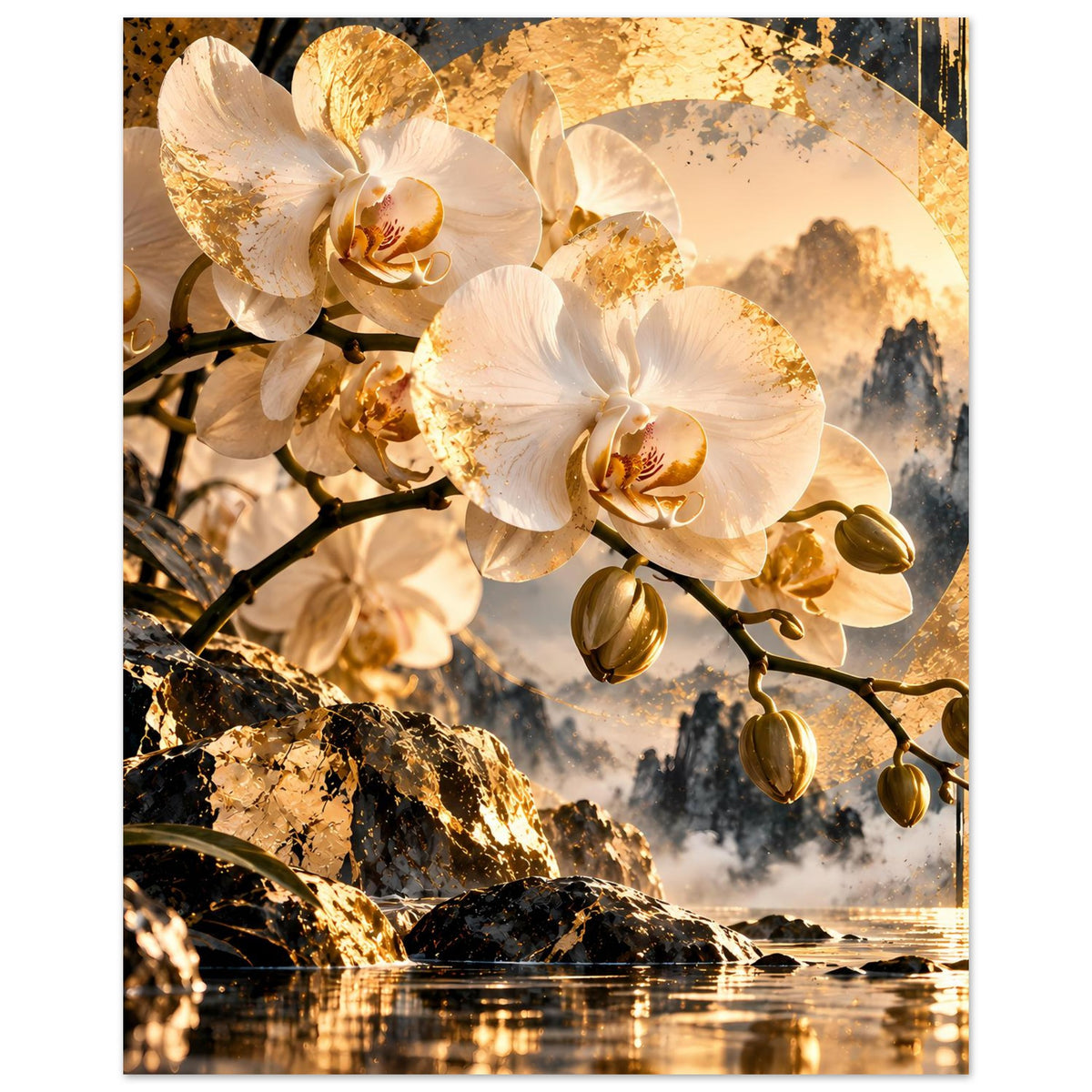 Orchideenposter im Hochformat: weiße Blüten, schwarzer Ast, goldener Kreis und Berge