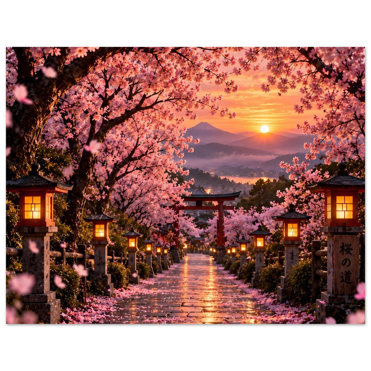 Sakura-Poster mit Torii-Tor, beleuchtetem Weg, Kirschblüten und Sonnenuntergangshimmel