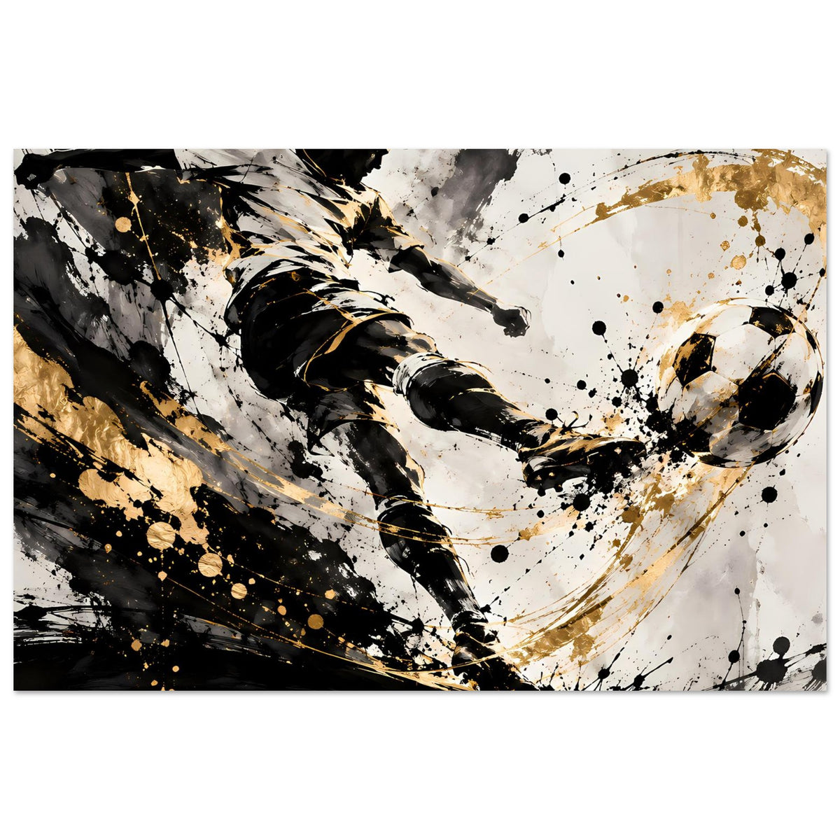 Fußballspieler-Poster, Panorama-Crop: Fußballer im Schuss, Schwarz-Gold Sprays und Spritzer