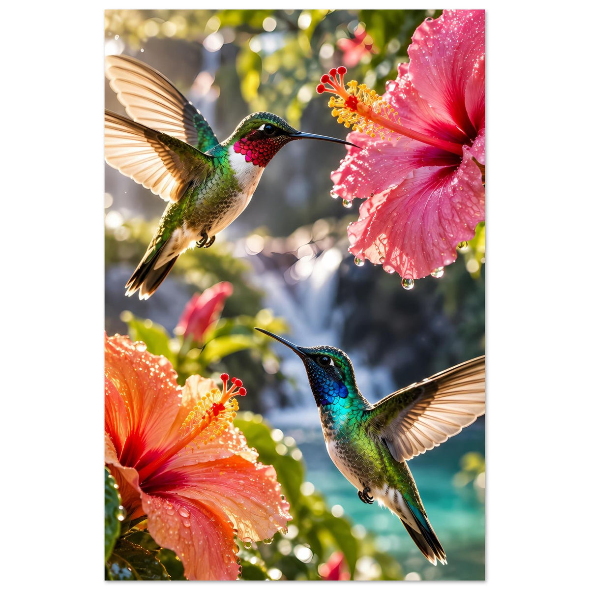 Poster mit zwei Kolibris und Hibiskusblüten, vertikal zugeschnitten