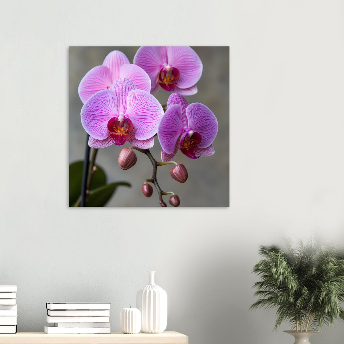 Orchideenposter an der Wand: pink-lila Phalaenopsis-Blüten mit Knospen im Bild