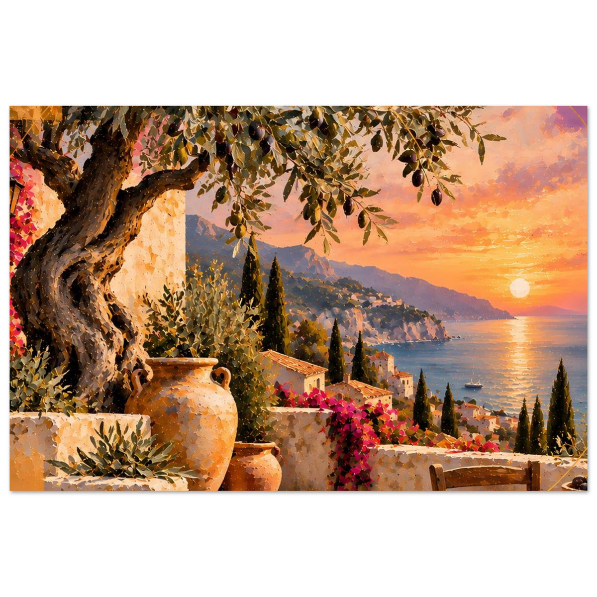 Kunstposter im Querformat: Berge und Küste mit orangefarbenem Sonnenuntergang