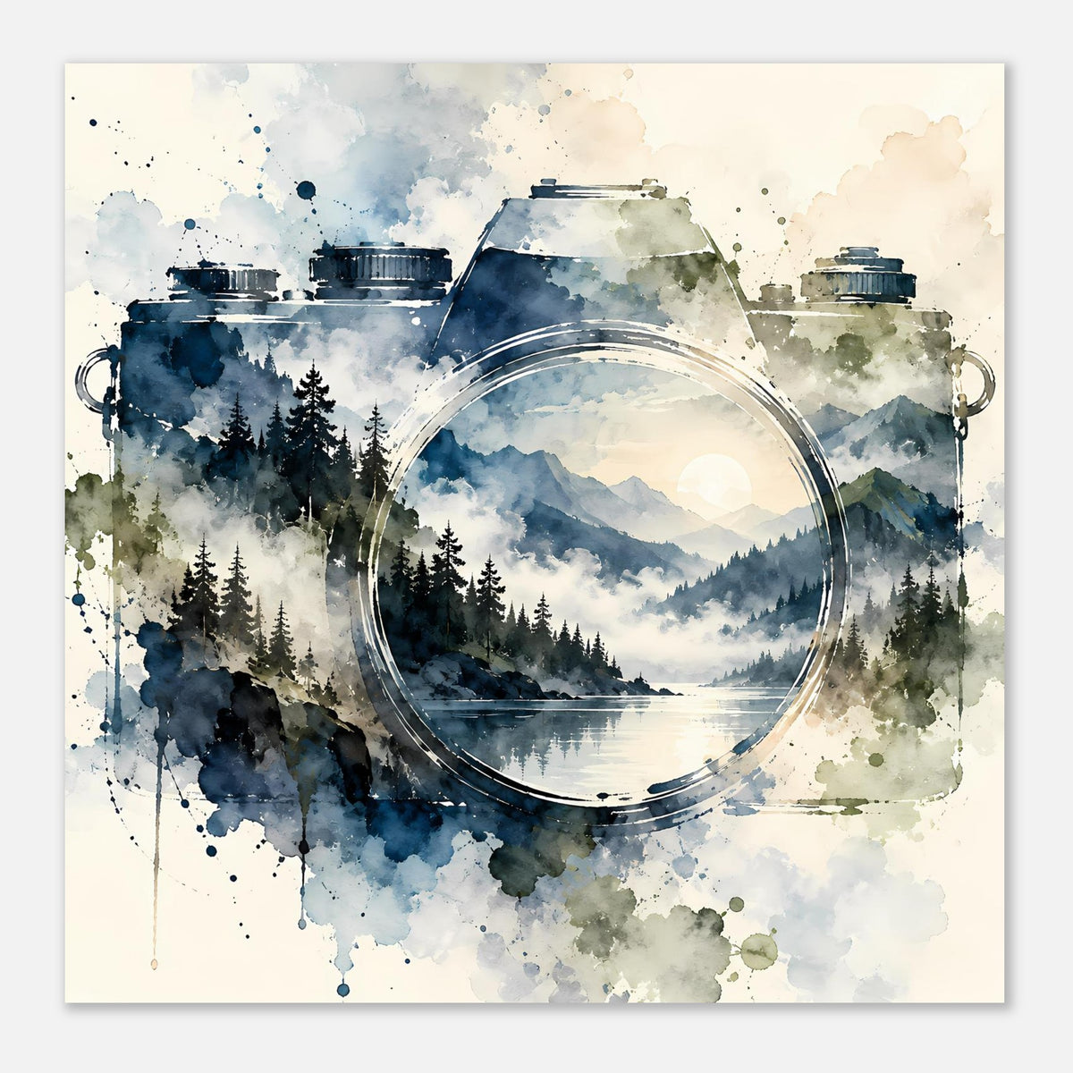 Poster mit Vintage-Kamera-Design: runde Linse, Berge, Wald und Gewässer