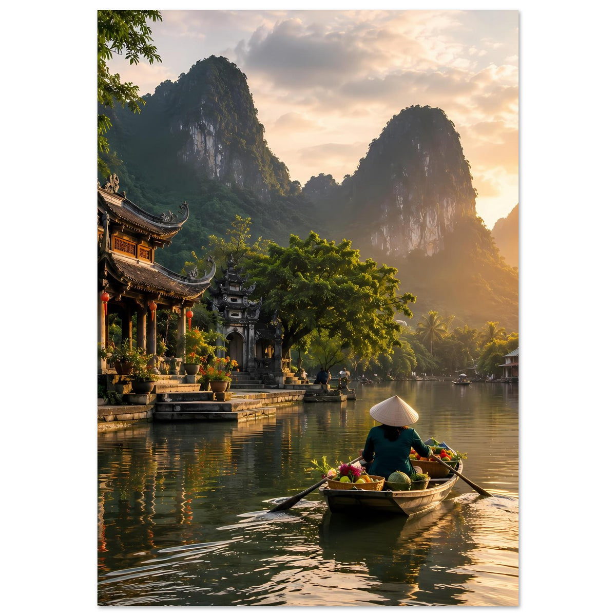 Poster mit ruhigem Fluss: Ruderboot mit Person und Blumen, Tempelreihe am Ufer