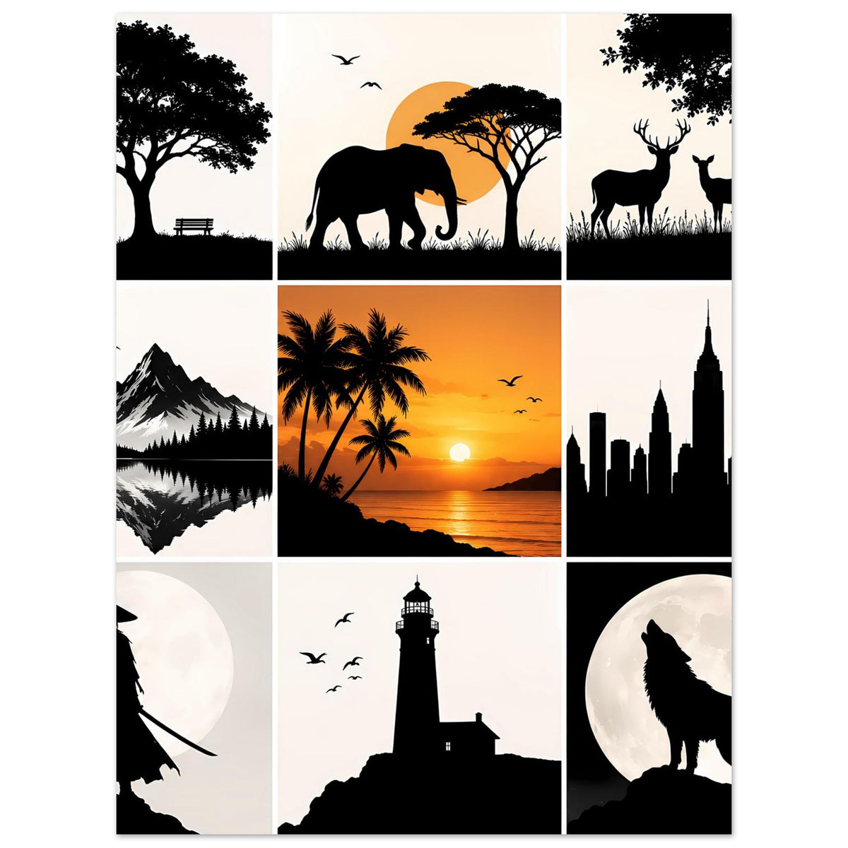 Kunstdruck-Collage mit Elefant, Hirschen, Palmen-Sonnenuntergang, Mondkreis und Leuchtturm