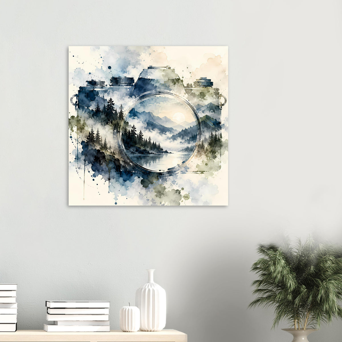 Poster mit Vintage-Kamera: runde Linse, Berge und Waldlandschaft im Aquarellstil