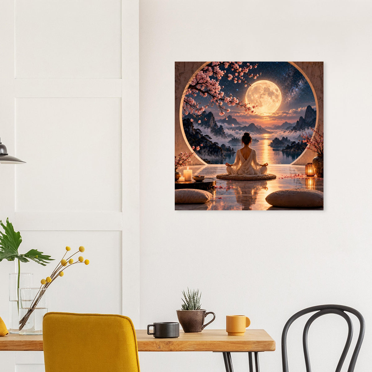 Meditationsposter im braunen Rahmen mit Vollmondlandschaft und sitzender Person am Wasser.