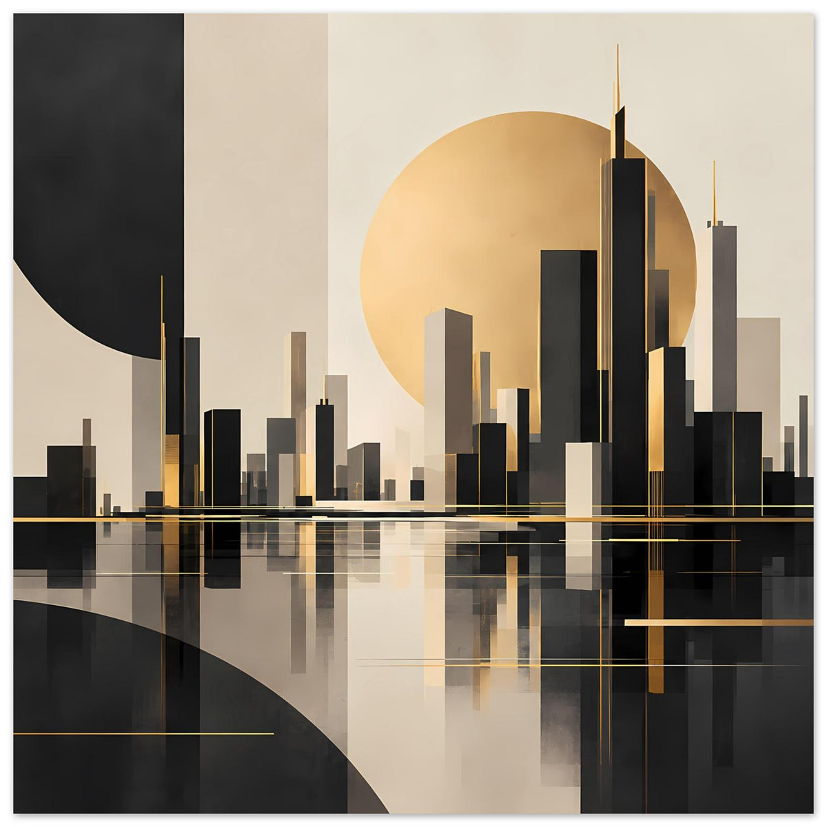 Abstraktes Poster mit gold-schwarzer Skyline, Beige-Hintergrund und langer Spiegelung