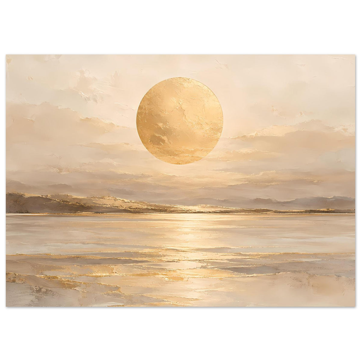 Beiges Kunstposter mit goldener Kreis-Sonne über weichem Meeresspiegel und Dünen