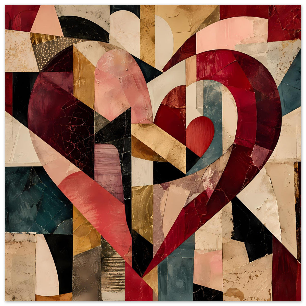 Breites abstraktes Herzposter im Cubist-Stil, viele Farbflecken in Rot-, Beige- und Blau