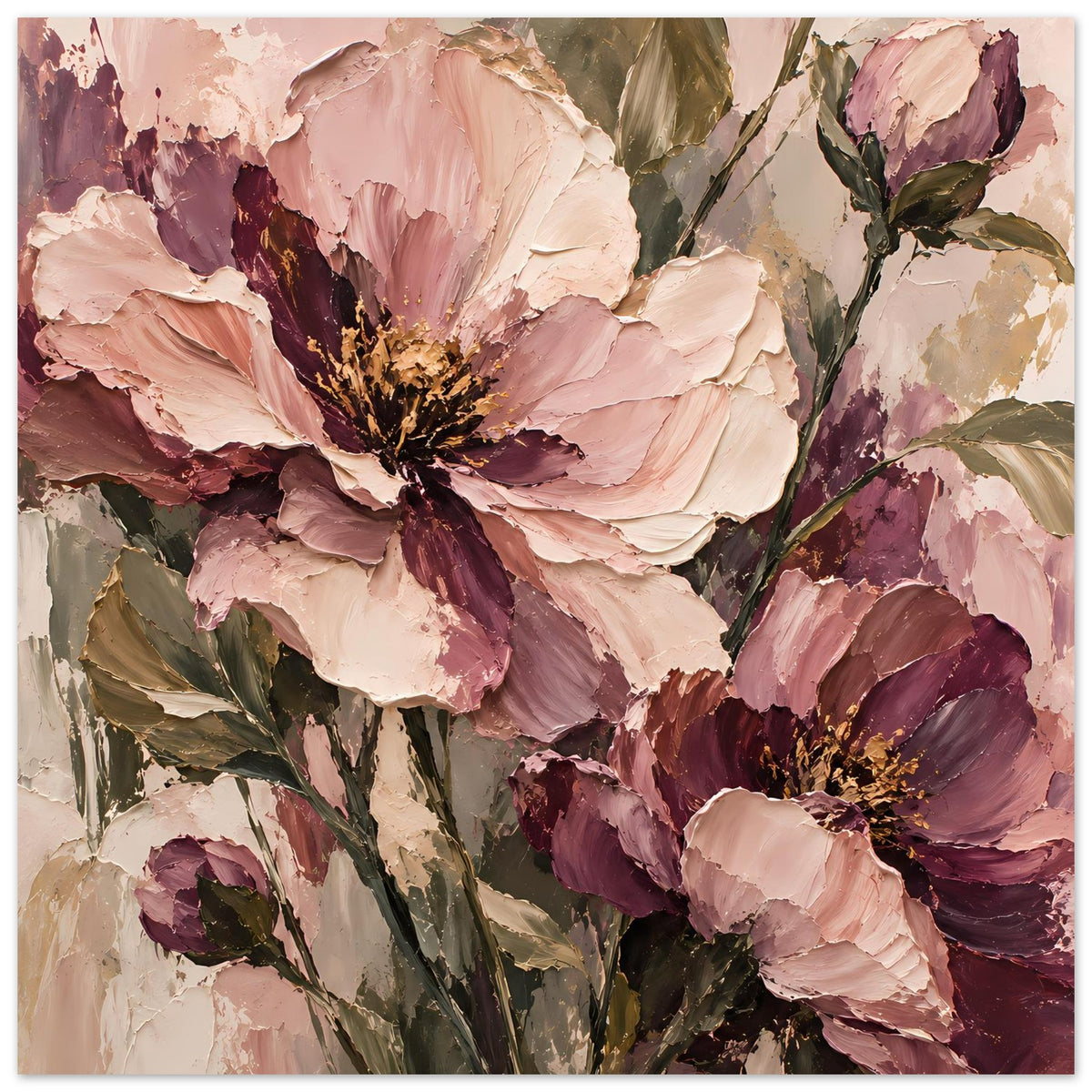 Florales Poster mit rosa Blüten und mauve Nuancen, akzentuierte Blütenmitten, Hochformat.